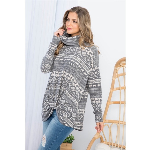 Tops - Reindeer Print Long Sleeve Tunic Cowl Neck Front knot top